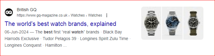 Google search results for "classiest watch" showing top-ranking pages without exact keyword match, demonstrating Google's semantic understanding.